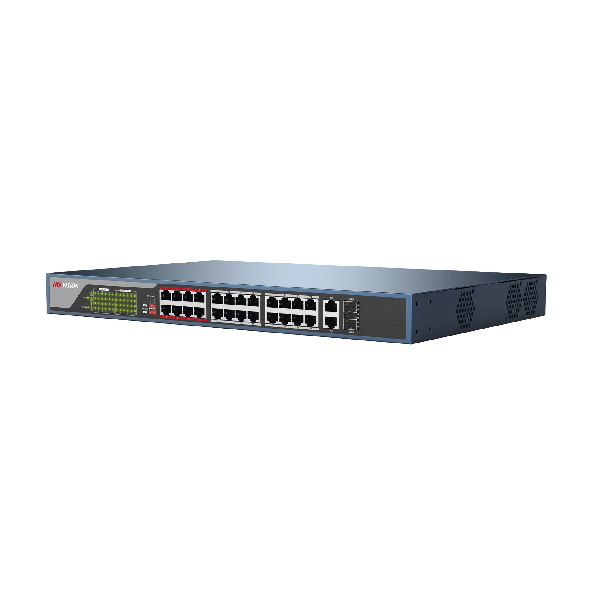 SWITCH NO ADMINISTRABLE 24 PUERTOS POE+ 100 MBPS / SWITCH POE 250 MTS LARGA DISTANCIA / 2 PUERTOS SFP / 2 PUERTOS GIGABIT / 370 WATTS TOTAL-PoE de Largo Alcance-HIKVISION-Bsai Seguridad & Controles