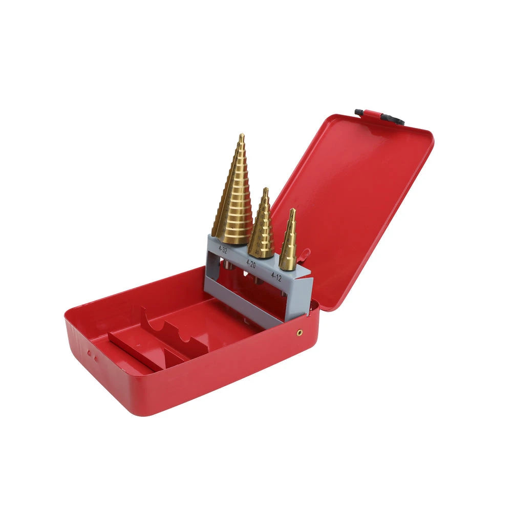 JUEGO DE 3 BROCAS ESCALONADAS 4-12/ 4-20/ 4-32 MM (PARA PLÁSTICO O METAL).-Herramientas-PRECISION-Bsai Seguridad & Controles