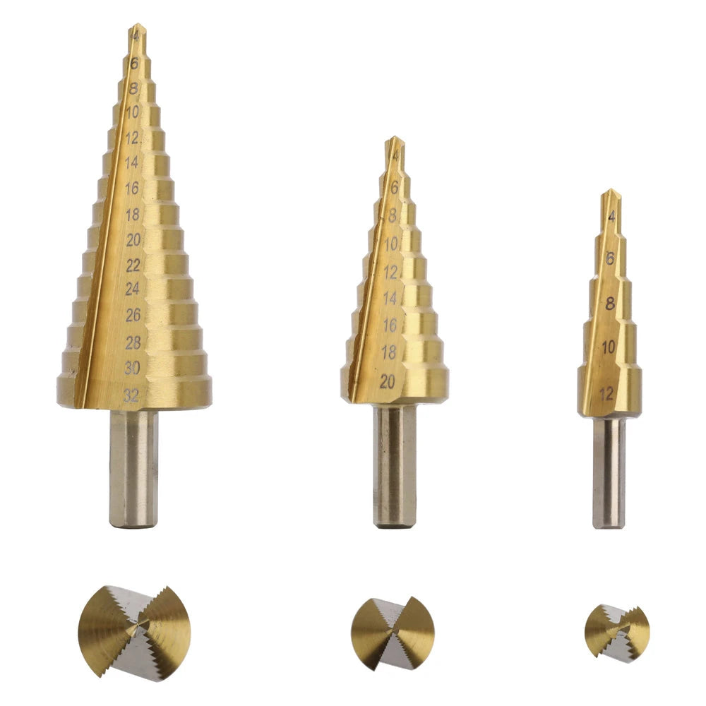 JUEGO DE 3 BROCAS ESCALONADAS 4-12/ 4-20/ 4-32 MM (PARA PLÁSTICO O METAL).-Herramientas-PRECISION-Bsai Seguridad & Controles