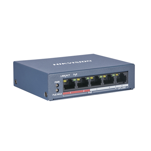 SWITCH POE / 250 METROS POE LARGA DISTANCIA / 4 PUERTOS 100 MBPS 802.3 AF (15.4 W) + 1 PUERTO UPLINK 100 MBPS-PoE de Largo Alcance-HIKVISION-DS-3E0105P-E/M-Bsai Seguridad & Controles