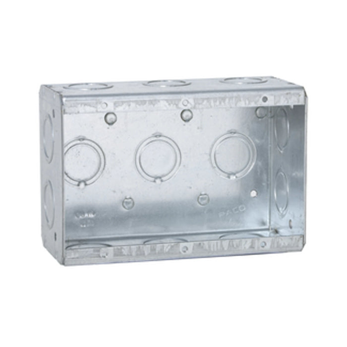 CAJA MULTIGANG DE ACERO GALVANIZADO DE 3 GANGS, 2-1/2 DE PROFUNDIDAD, 13 KO CONCÉNTRICOS PARA TUBERÍA DE 1/2 Y 3/4.-Tuberia Metalica-RACO-HUB-692-Bsai Seguridad & Controles