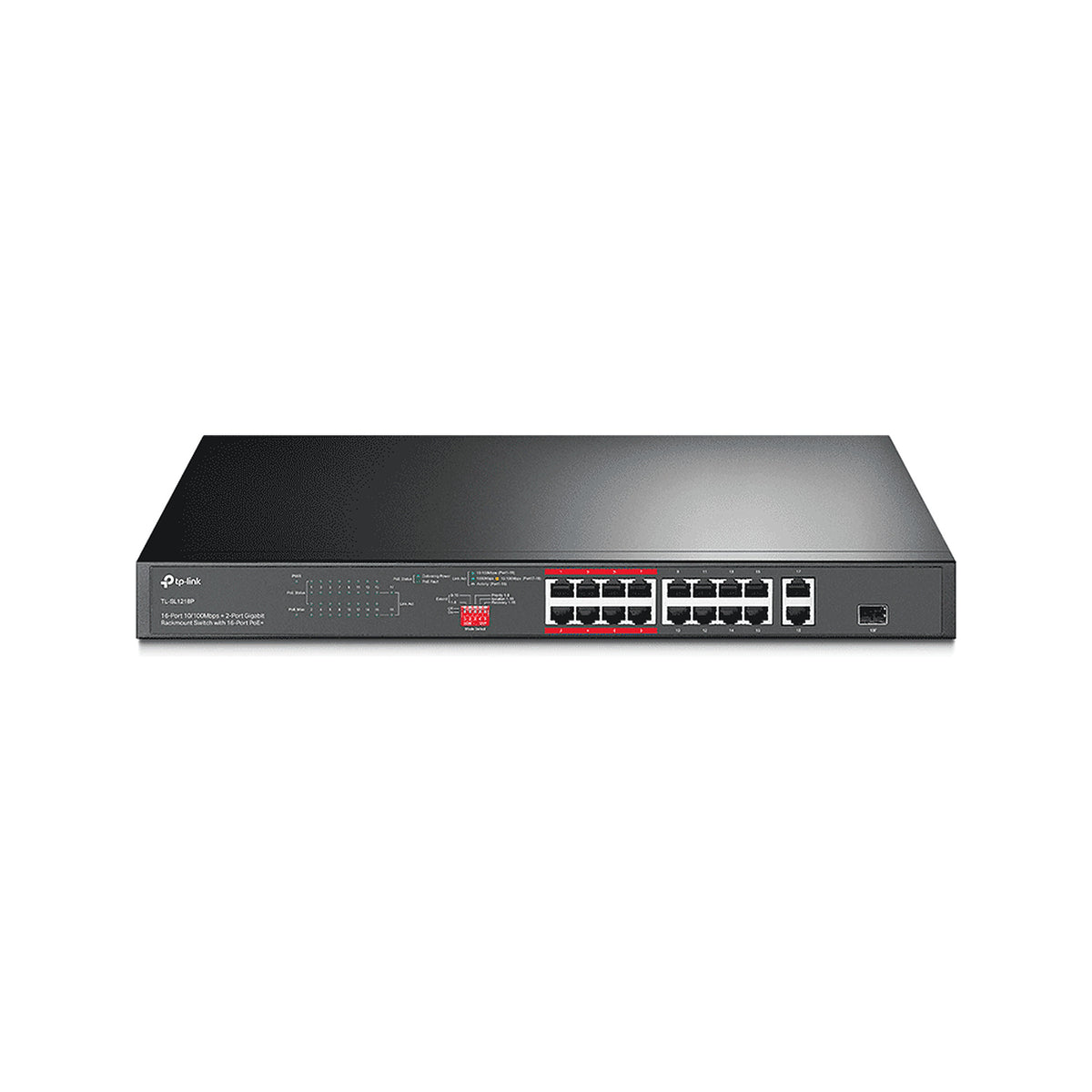TP-LINK TL-SL1218P - SWITCH POE+ NO ADMINISTRABLE 16 PUERTOS 10/100 MBPS + 2 PUERTOS 10/100/1000 MBPS + 1 PUERTO SFP, 8 PUERTOS EXTENSOR POE (HASTA 250 M), 150W, DISEÑO PARA VIGILANCIA IP [TPL3720021]