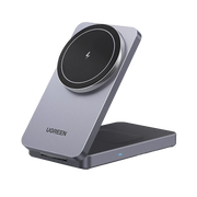 CARGADOR INALÁMBRICO 2 EN 1 20W / TECNOLOGÍA QI2 15W CERTIFICADA / CARGA SIMULTÁNEA IPHONE Y AIRPODS / ÁNGULO AJUSTABLE 70° / DISEÑO PLEGABLE Y PORTÁTIL / COMPATIBILIDAD UNIVERSAL