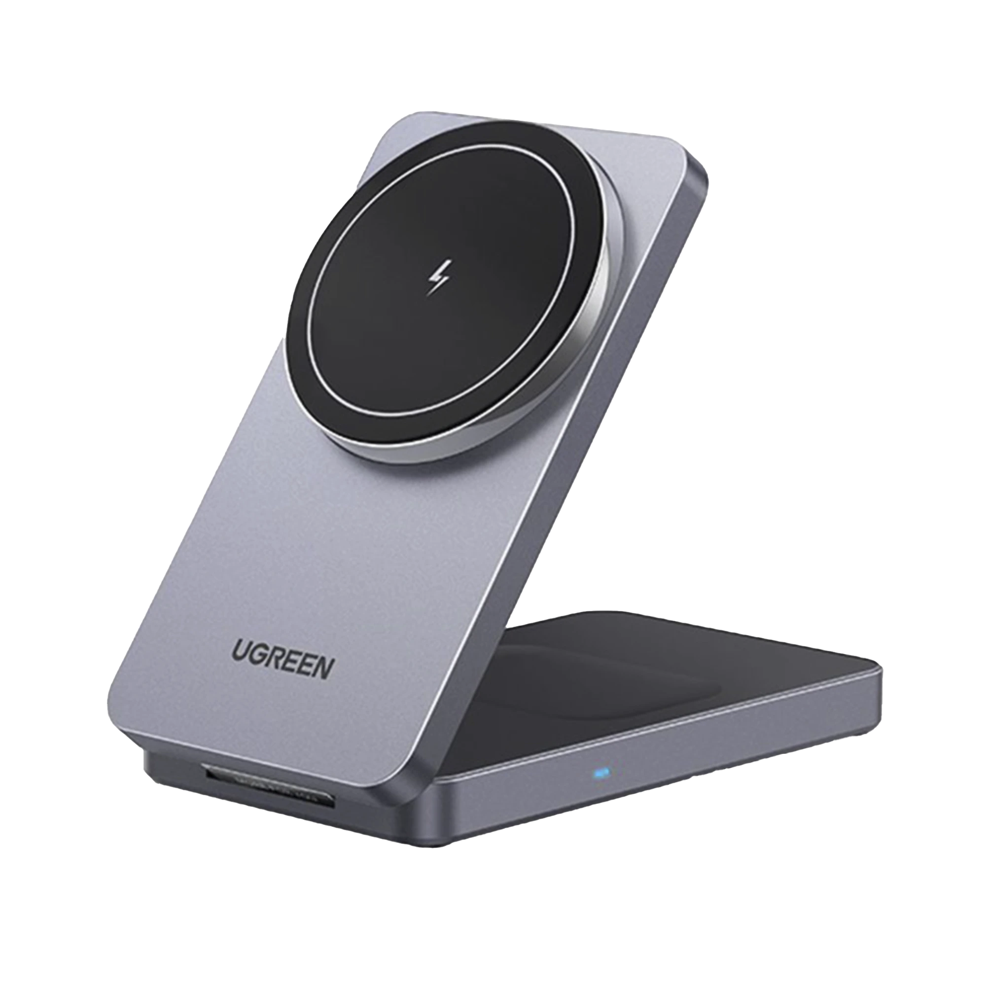CARGADOR INALÁMBRICO 2 EN 1 20W / TECNOLOGÍA QI2 15W CERTIFICADA / CARGA SIMULTÁNEA IPHONE Y AIRPODS / ÁNGULO AJUSTABLE 70° / DISEÑO PLEGABLE Y PORTÁTIL / COMPATIBILIDAD UNIVERSAL