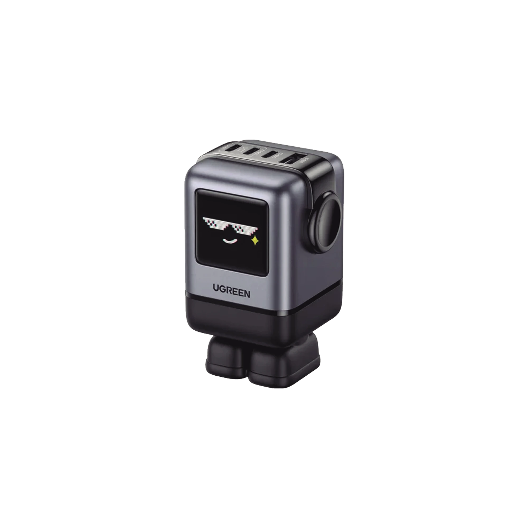 CARGADOR ROBOTGAN DE 100W SERIE UNO | 4 PUERTOS DE CARGA RAPIDA | 3 USB-C | 1 USB-A | PD 3.0 | QC 4.0 | CARGA INTELIGENTE | TECNOLOGIA GAN II | ZAPATO MAGNETICO EXTRAIBLE | CARCASA IGNIFUGA | PANTALLA LED