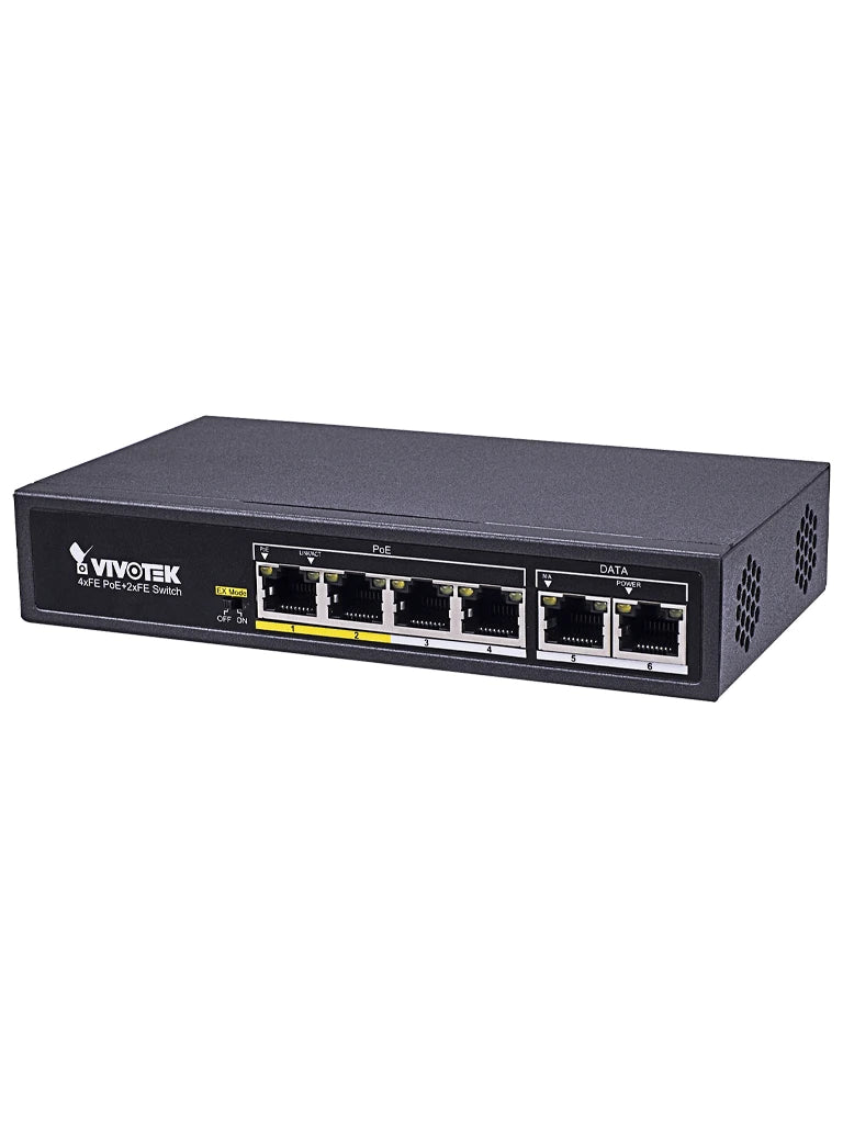 VIVOTEK AWFET060C065 - SWITCH POE NO ADMINISTRABLE / 4 PUERTOS POE FE / 2 PUERTOS FE / MODO EXTENDIDO HASTA 200 MTS / 30 POR PUERTO / 60W TOTALES / 4KV-Switches POE-VIVOTEK-Bsai Seguridad & Controles