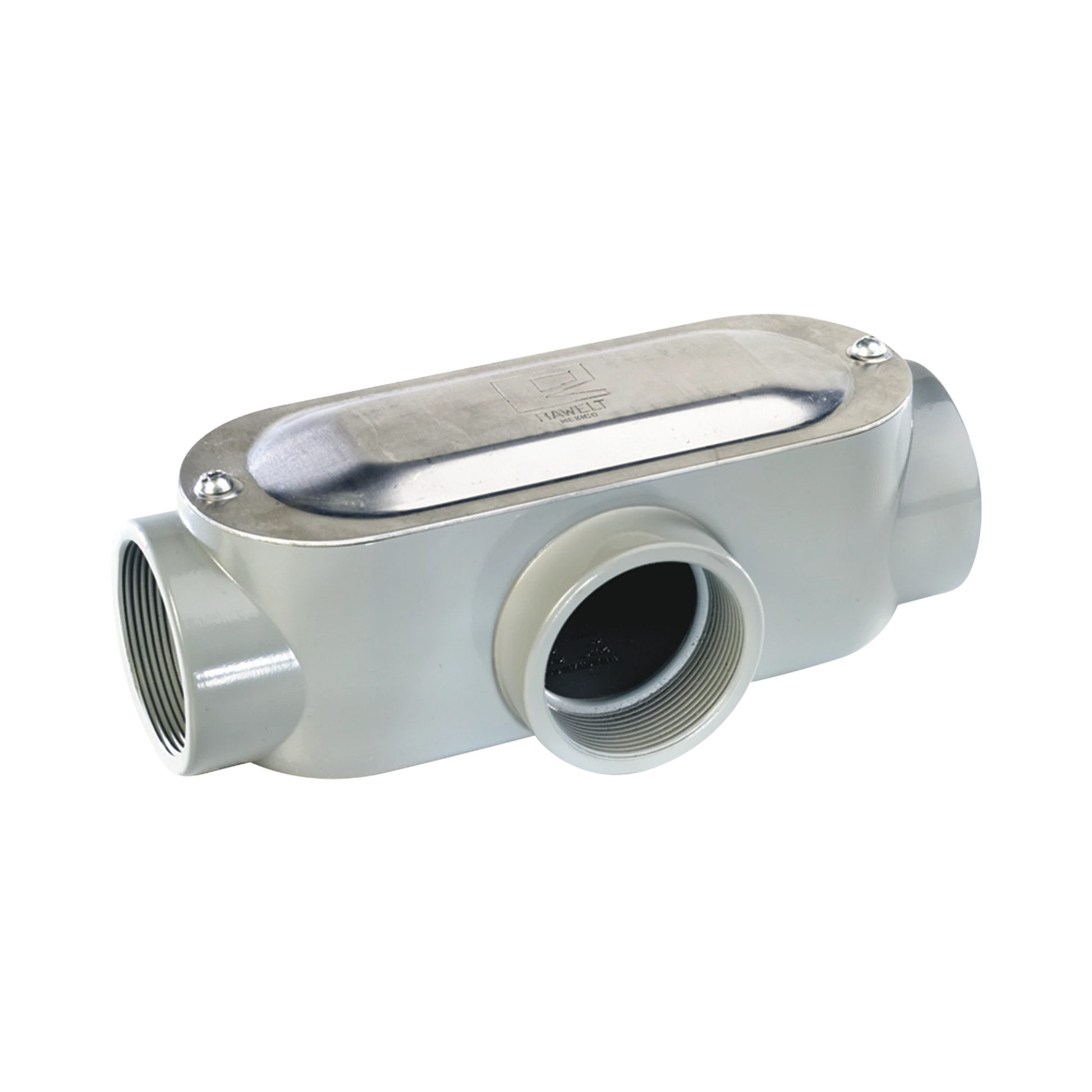 CAJA OVAL ROSCADA TIPO T DE 1 1/4" (31.8 MM) INCLUYE TAPA Y TORNILLOS.-Canalización-RAWELT-Bsai Seguridad & Controles