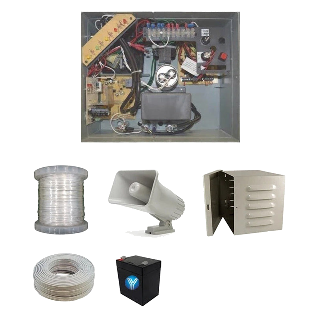 YONUSA PACK127AF -PAQUETE DE ENERGIZADOR DE ALTA FRECUENCIA CON INTERFACE/ SIRENA Y GABINETE METÁLICO/ BOBINA DE ALAMBRE 500 MTS/ BOBINA CABLE BUJÍA/ BATERÍA Y 5 LETRERO