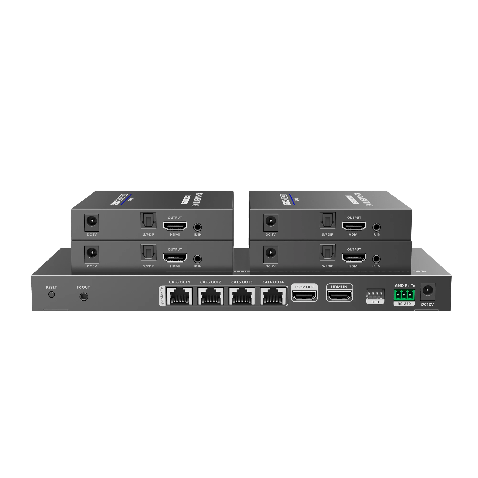 KIT DE DISTRIBUIDOR HDMI PROTOCOLO IPCOLOR DE 1 FUENTE HDMI A 4 PANTALLAS HDMI @ 4K DISTANCIA DE TRANSMISIÓN DE HASTA 70 M CON CAT6 / 6A / 7 CUENTA CON SALIDA LOCAL HDMI Y CONTROL IR-Accesorios Videovigilancia-EPCOM TITANIUM-Bsai Seguridad & Controles