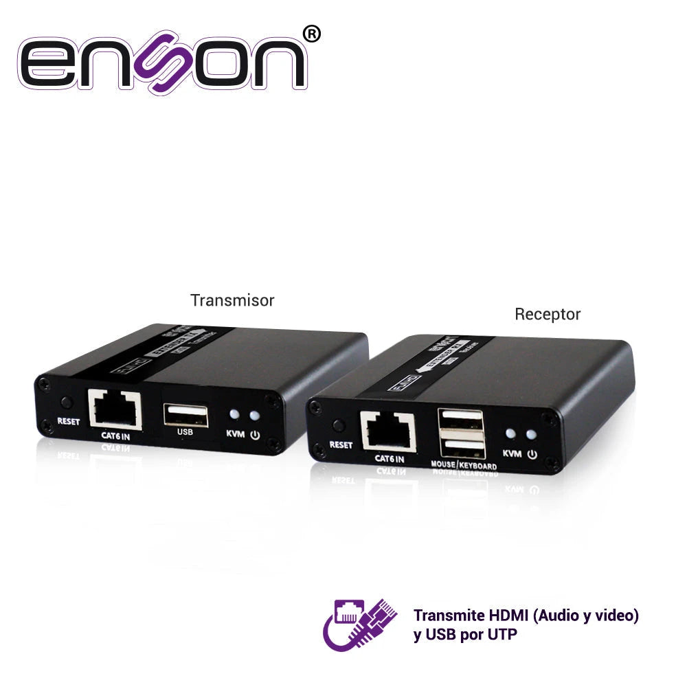EXTENSOR HDMI ENSON ENS-HDMIE70KVM DE 70MTS MEDIANTE CABLE UTP CAT6/6A/7 SE PUEDE CASCADEAR TRANSMITE VIDEO FULL HD 1080P@60HZ AUDIO STEREO Y TECLADO Y MOUSE A DISTANCIA, NO INCLUYE CABLE HDMI-Cableado-ENSON-Bsai Seguridad & Controles