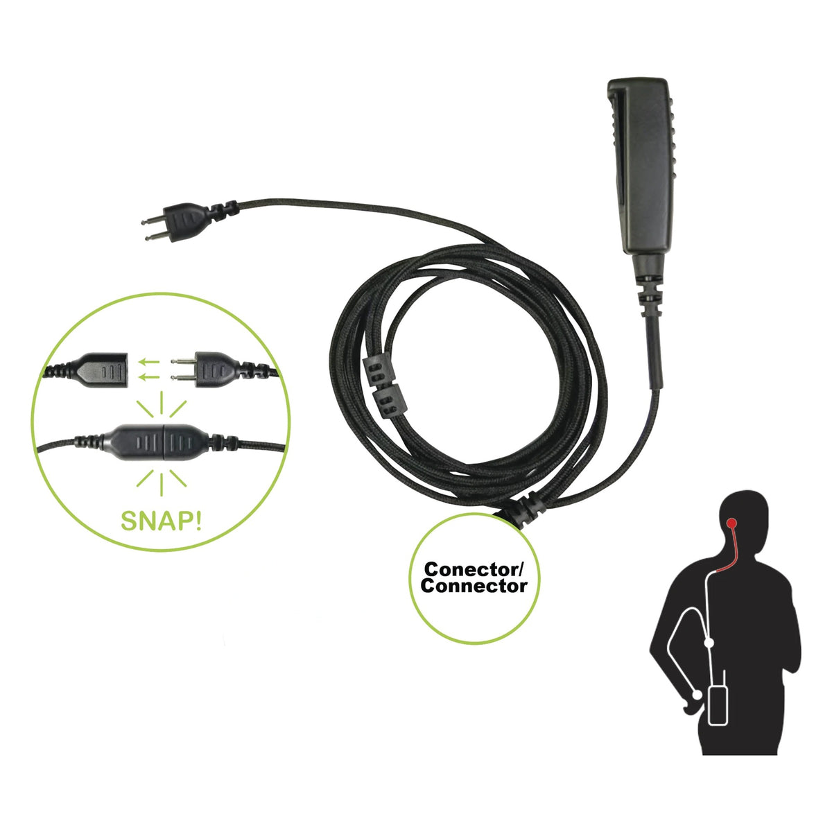 CABLE PARA MICRÓFONO AUDÍFONO / CONECTOR P-SNAP 2 HILOS / FIBRA TRENZADA / COMPATIBLE ICOM IC-F3216/4261/52D/62D/3400/4400 [SNP-2W-20-BF]