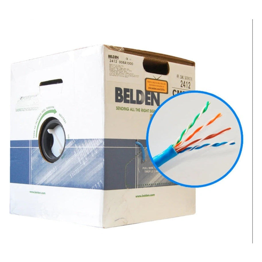 CABLE UTP CAT6+ BELDEN FORRO PVC AZUL CMR 4 PARES 350 MHZ CALIBRE 23AWG 100% COBRE USO INTERIOR ESPECIAL PARA INSTALACIONES SEGURIDAD, CCTV, VIDEO, DATOS, REDES ETHERNET CERTIFICABLE BOBINA 1000 PIES 305 METROS [2412 006A1000]