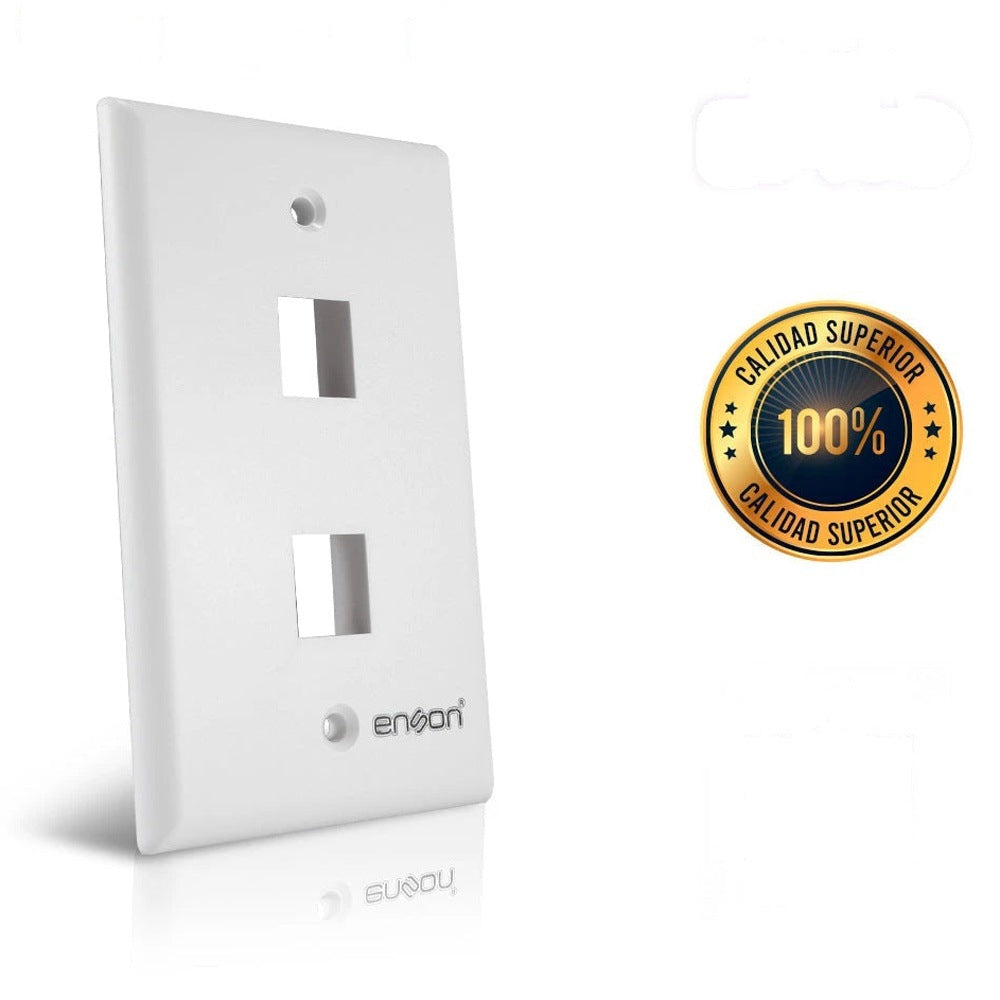 PLACA DE PARED (FACEPLATE) ENSON COMPATIBLE CON JACK KEYSTONE 2 PUERTOS COLOR BLANCO, USO EN INTERIOR, IDEAL PARA CONECTORES RJ45, COAXIAL, FIBRA OPTICA, FABRICADO EN PLASTICO ABS [EPRO-FP20]