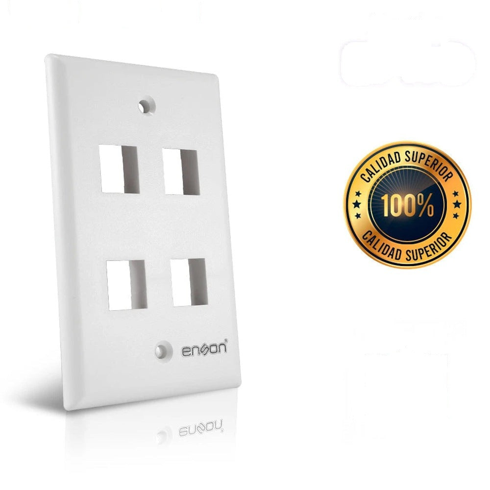 PLACA DE PARED (FACEPLATE) ENSON COMPATIBLE CON JACK KEYSTONE 4 PUERTOS COLOR BLANCO, USO EN INTERIOR, IDEAL PARA CONECTORES RJ45, COAXIAL, FIBRA OPTICA, FABRICADO EN PLASTICO ABS [EPRO-FP40]