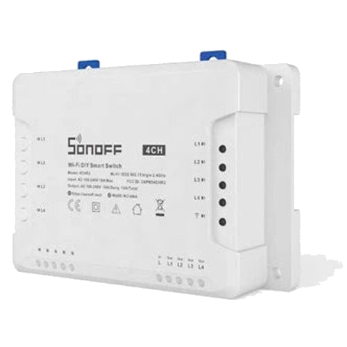 INTERRUPTOR ON/OFF SMART INALAMBRICO WIFI PARA SOLUCION DE SMART HOME CON TEMPORIZADOR Y MONTAJE DIN RAIL PARA IOS Y ANDROID COMPATIBLE CON ALEXA/GOOGLE HOME/NEST/IFTTT 4CH WIFI 2.4GHZ HASTA 10AMP POR CANAL, 16AMP TOTALES [SONOFF 4CH R3]