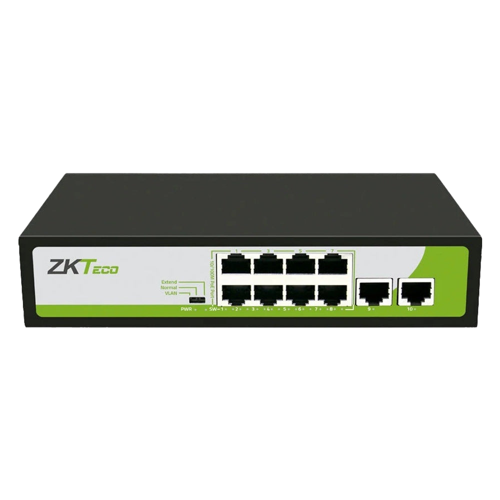 SWITCH ZKTECO 8 PUERTOS RJ45 10/100 MBPS CON POE AF/AT + 2 PUERTO RJ45 100 MBPS NO ADMINISTRABLE ENERGIA TOTAL 150W COMPATIBLE CON CUALQUIER CAMARA IP POE SOPORTA HASTA 250M DE DISTANCIA SOBRE UTP CAT6 [PE082-120-C]