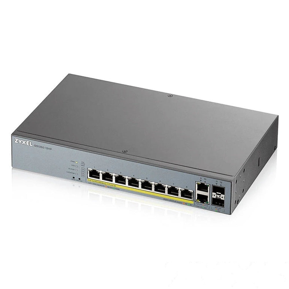 SWITCH ZYXEL 10 PUERTOS RJ45 100/1000 MBPS CON POE AF/AT + 2 PUERTOS SFP 1000 MBPS ADMINISTRABLE L2 COMPATIBLE CON NEBULA ENERGIA TOTAL 130W CON 8 PUERTOS POE EXTENDED [GS1350-12HP]