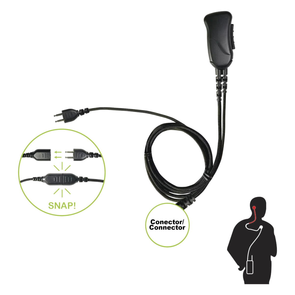 MICRÓFONO DE SOLAPA / CABLE FIBRA TRENZADA ANTI-ENREDOS / CONECTOR SNAP 2 PINES MOTOROLA / CLIP METAL 360° [SNP-1W-03-BF]