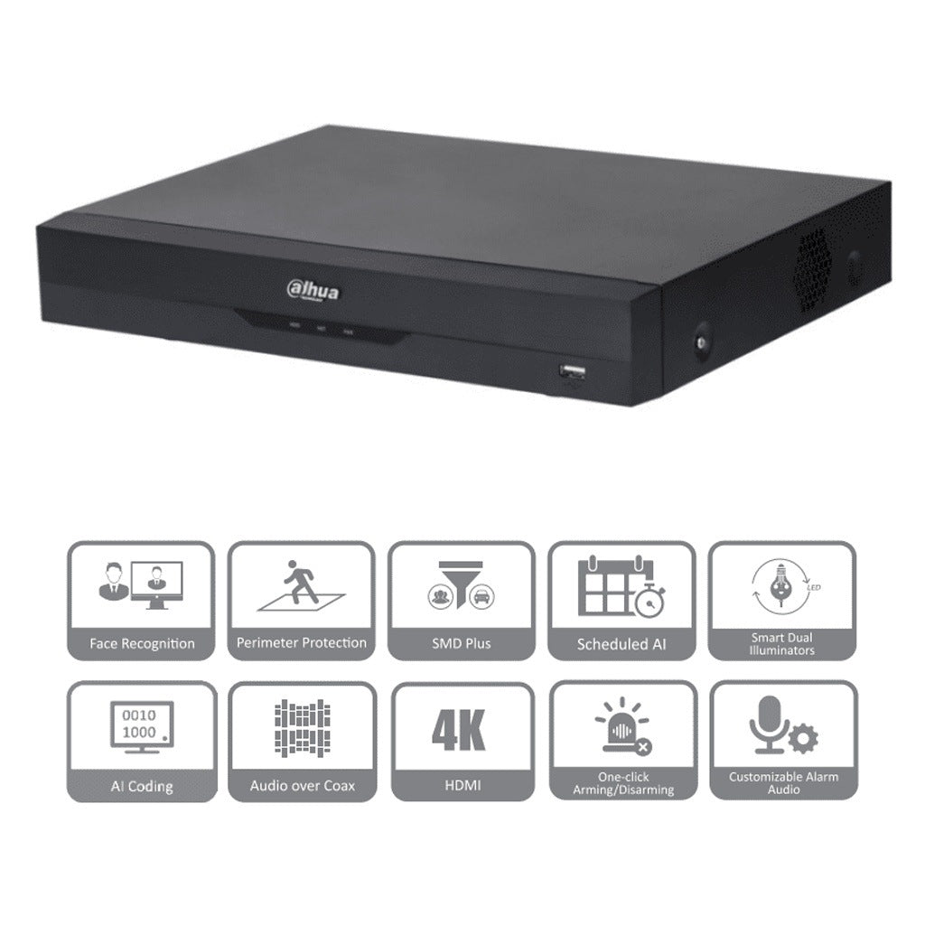 DAHUA XVR5116H-4KL-I3 - DVR DE 16 CANALES 4K/ 8 MEGAPIXELES/ WIZSENSE/ IA/ H.265+/ 16 CANALES + 16 IP/ HASTA 32 CH IP/ 2 CANALES DE RECONOCIMIENTO FACIAL/ SDM PLUS/ CODIFICACIÓN CON IA/ 1 BAHÍA DE DISCO DURO/ FUNCIONES IOT & POS [DHT0370033]
