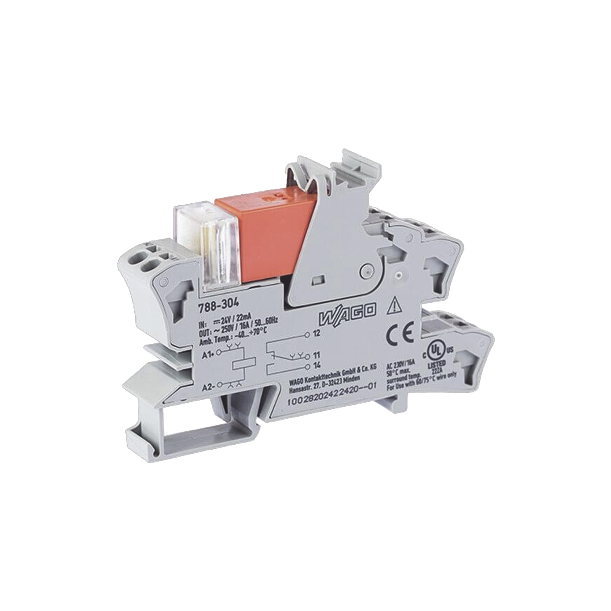 MÓDULO CON RELÉ / 24 VCC / 16 A / 1 INVERSOR / PUSH-IN CAGE CLAMP® / LED ROJO / IP20 / MONTAJE CARRIL DIN