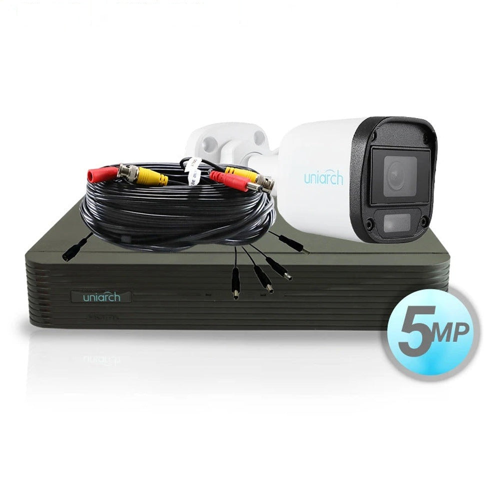 KIT 4X4 ANALOGICO UNIARCH EXTERIOR BULLET COLOR HUNTER 5MP IP67 TVI/AHD/CVI/CVBS INCLUYE 1 XVR 4 BNC+2 IP / + 4 CAM BULLET COLOR HUNTER 5MP 2.8MM + 4 CABLES PREPONCHADOS DE 18MTS + FUENTE DE ALIMENTACION 12VDC Y UN PULPO DE 5 SALIDAS