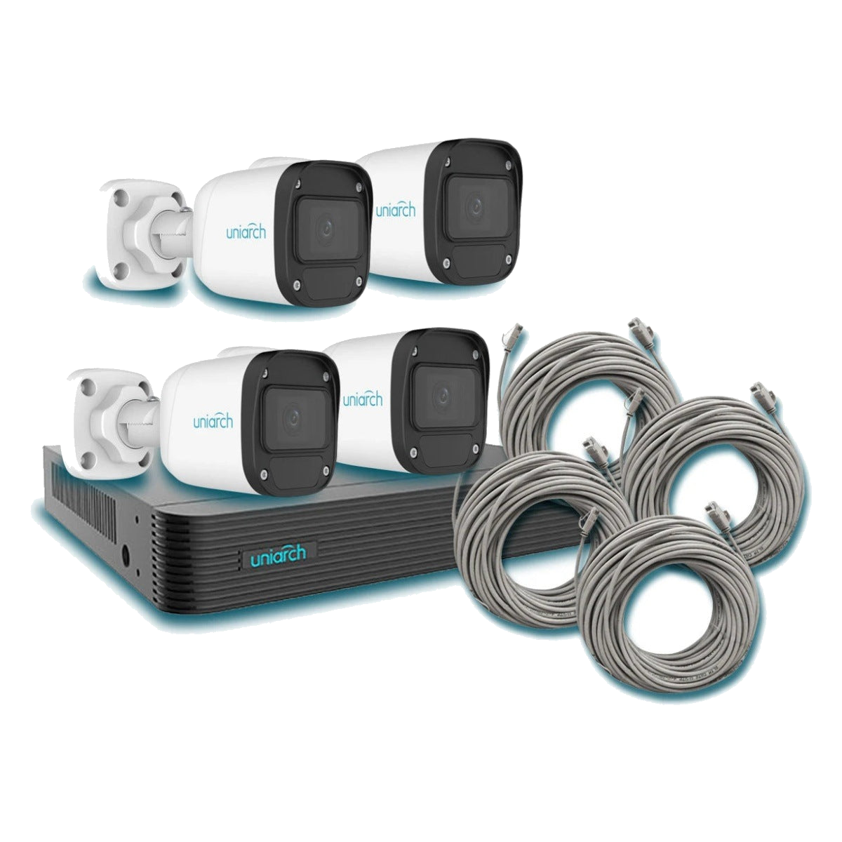 KIT 4X4 UNIARCH IP EXTERIOR BULLET 4MP INCLUYE 1 NVR POE 4PTOS + 4 CAM BULLET IP 4MP 2.8MM SLOT MICROSD + 4 CABLES PREPONCHADOS DE 18MTS