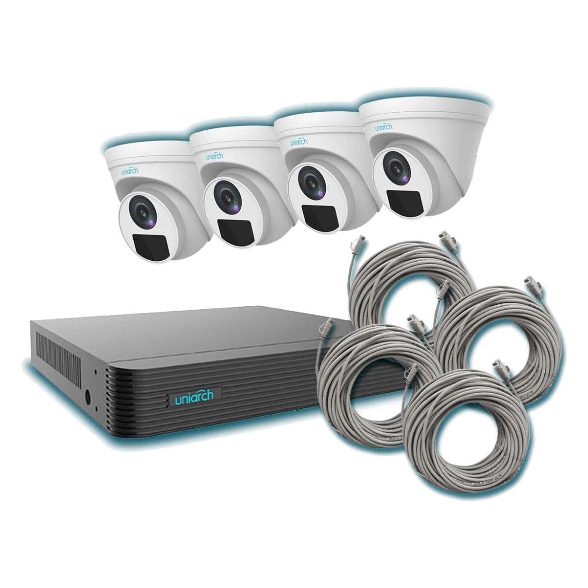 KIT 4X4 UNIARCH IP TURRET INTERIOR / EXTERIOR 4MP 1080P INCLUYE 1 NVR POE 4PTOS + 4 CAM TURRET IP 4MP 2.8MM SLOT MICROSD + 4 CABLES PREPONCHADOS DE 18MTS