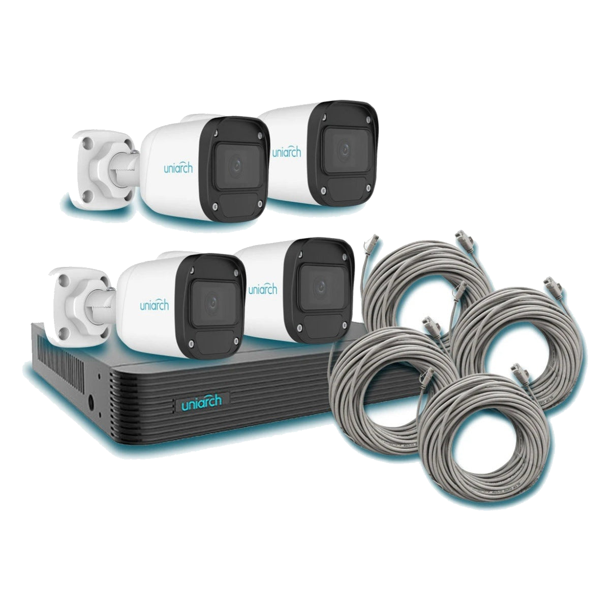 KIT 4X4 UNIARCH IP EXTERIOR BULLET 2MP 1080P INCLUYE 1 NVR POE 4PTOS + 4 CAM BULLET IP 2MP 2.8MM SLOT MICROSD + 4 CABLES PREPONCHADOS DE 18MTS