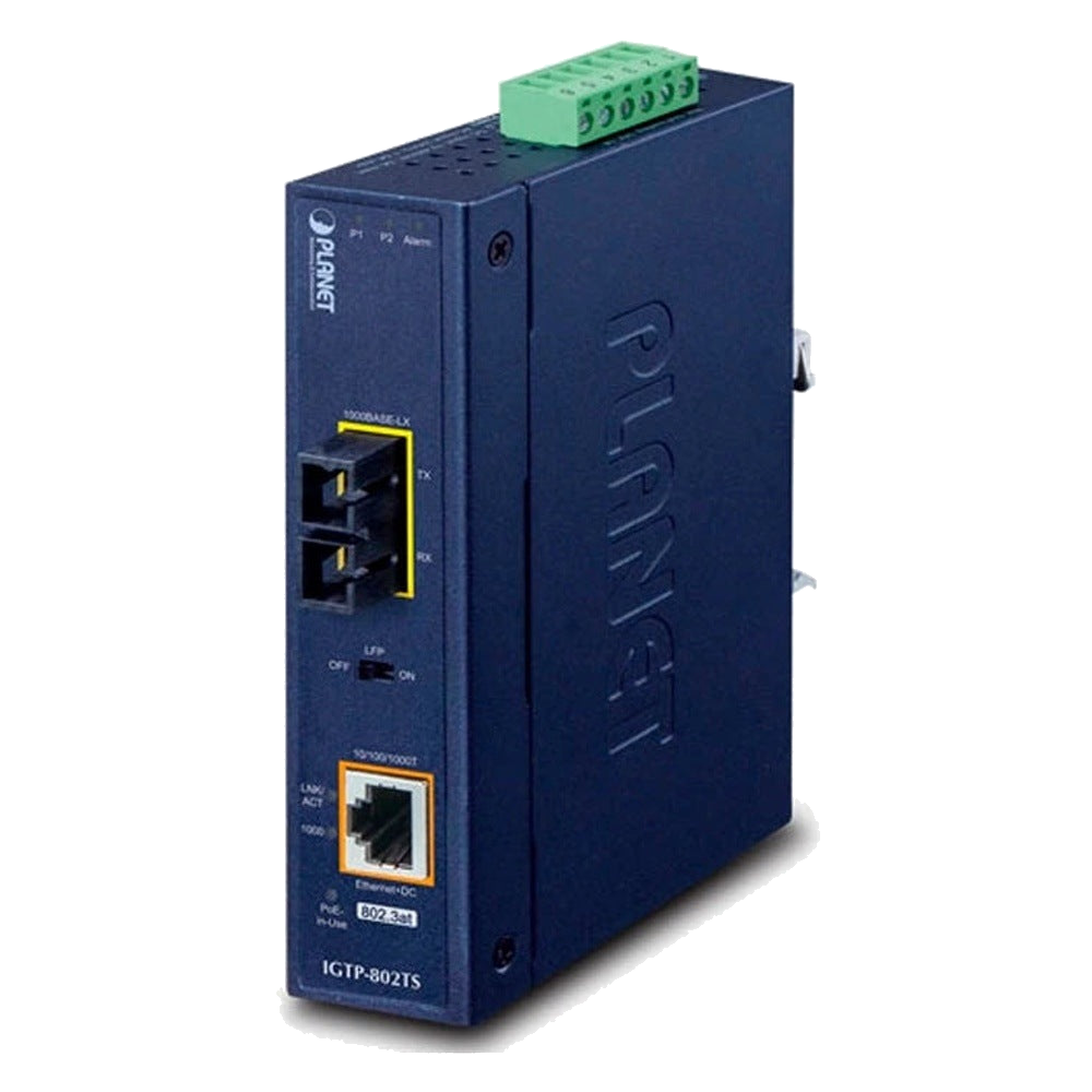 CONVERTIDOR DE MEDIOS INDUSTRIAL POE+ / 1000BASE-LX A 10/100/1000BASE-T / 802.3AT / SC MONOMODO / 20 KM / -40 A 75 °C / IP30 DIN [IGTP-802TS]