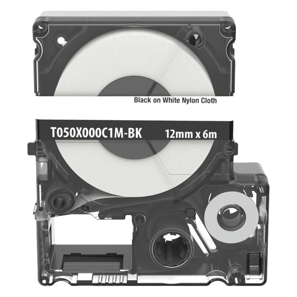 CASETE DE ETIQUETAS DE NYLON / CINTA CONTINUA / NEGRO SOBRE BLANCO / 12 MM ANCHO / 6 M (19.69 PIES) LARGO / INTERIOR-EXTERIOR [T050X000C1M-BK]