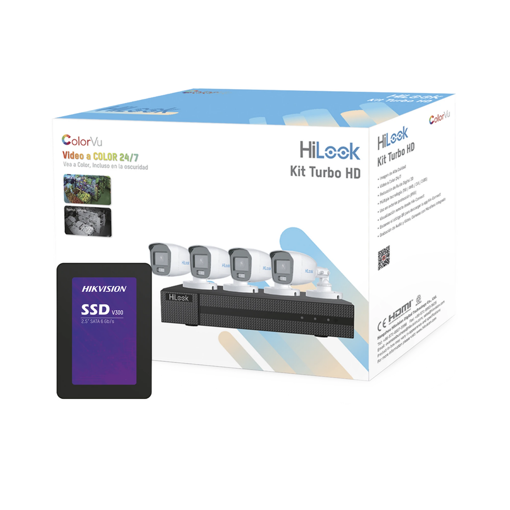 KIT TURBOHD 1080P + SSD 1 TB / DVR 4 CANALES / 4 CÁMARAS BALA COLORVU CON MICRÓFONO INTEGRADO / FUENTE DE PODER / ACCESORIOS DE INSTALACIÓN-Kits- Sistemas Completos-HILOOK BY HIKVISION-Bsai Seguridad & Controles