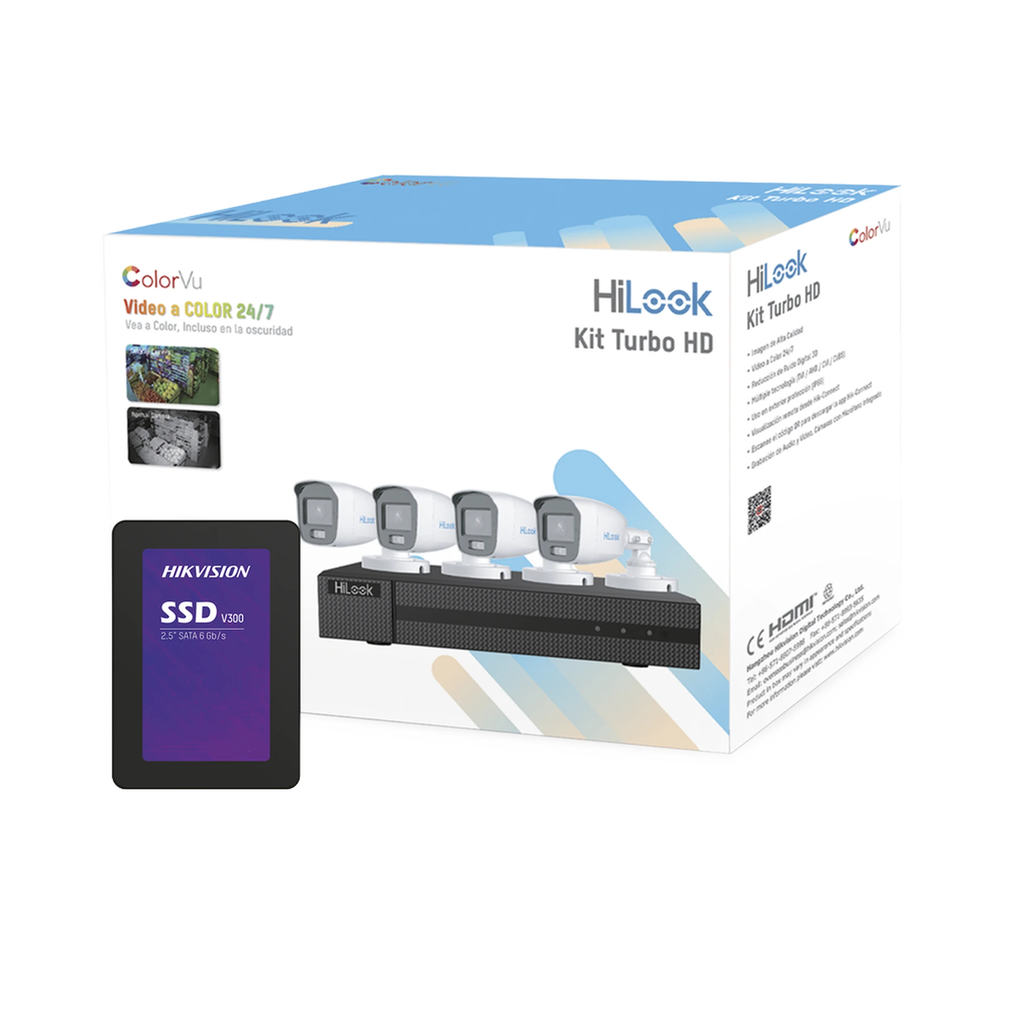 KIT TURBOHD 1080P + SSD 1 TB / DVR 4 CANALES / 4 CÁMARAS BALA COLORVU CON MICRÓFONO INTEGRADO / FUENTE DE PODER / ACCESORIOS DE INSTALACIÓN-Kits- Sistemas Completos-HILOOK BY HIKVISION-Bsai Seguridad & Controles