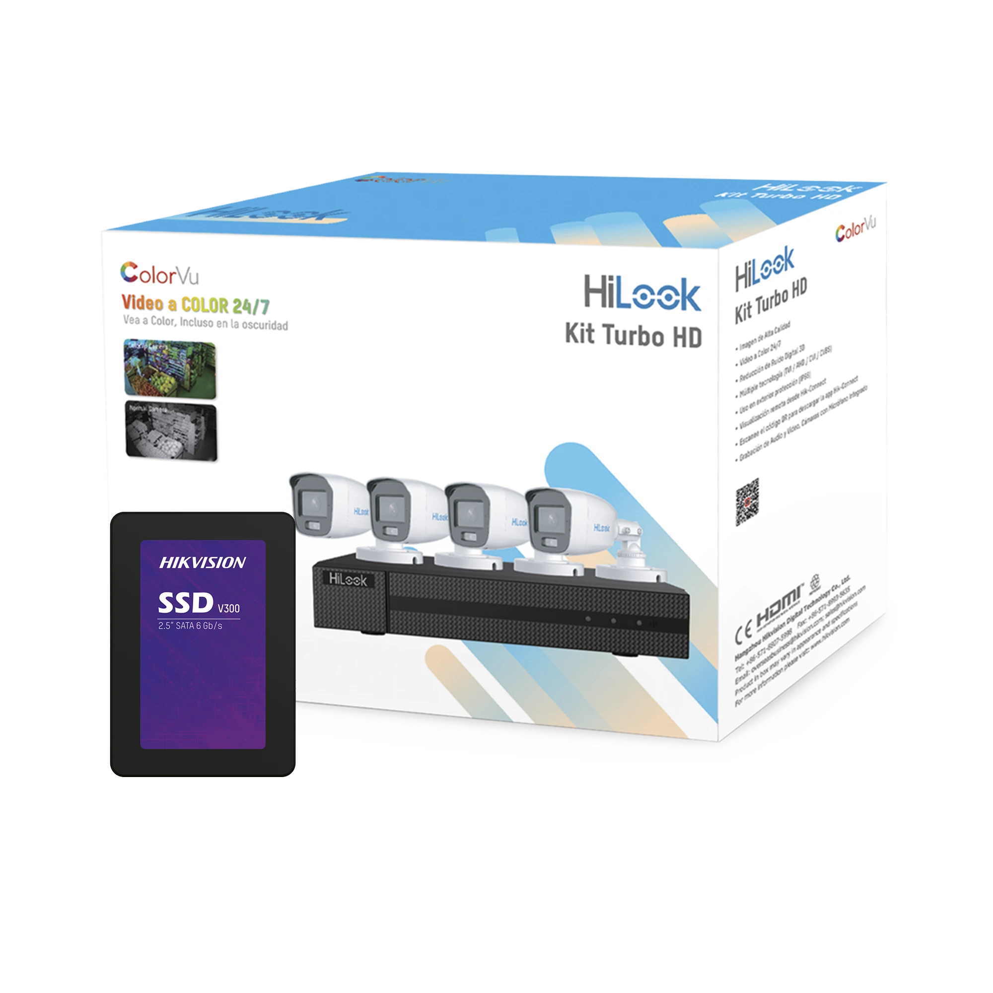 KIT TURBOHD 1080P + SSD 512 GB / DVR 4 CANALES / 4 CÁMARAS BALA COLORVU CON MICRÓFONO INTEGRADO / FUENTE DE PODER / ACCESORIOS DE INSTALACIÓN-Kits- Sistemas Completos-HILOOK BY HIKVISION-Bsai Seguridad & Controles
