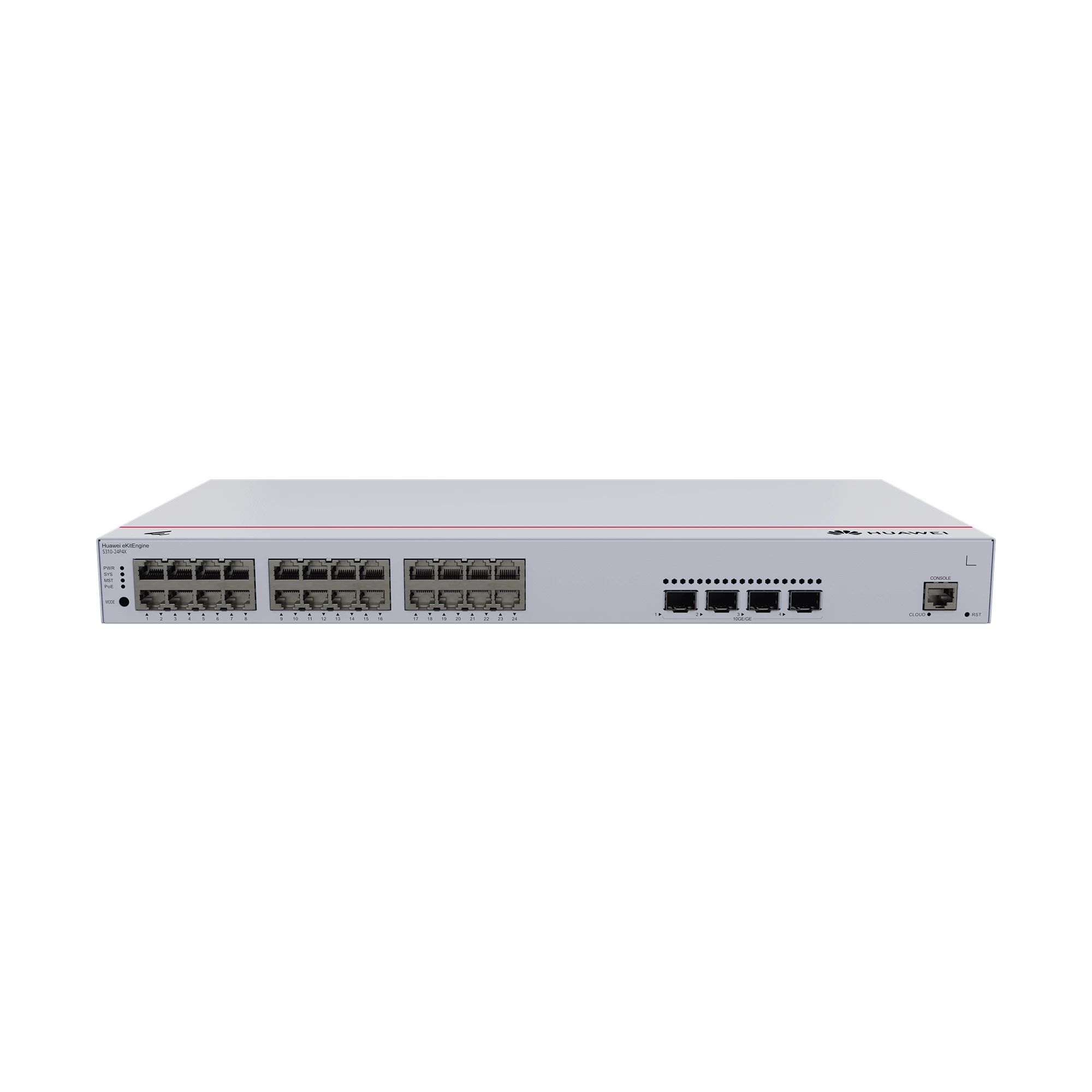 HUAWEI EKIT - SWITCH GIGABIT ADMINISTRABLE POE CAPA 3 / 24 PUERTOS 10/100/1000 MBPS (POE) / 4 PUERTOS SFP+ UPLINK / 400W / POE PERPETUO / ISTACK / ADMINISTRACIÓN NUBE GRATIS-Networking-HUAWEI-Bsai Seguridad & Controles
