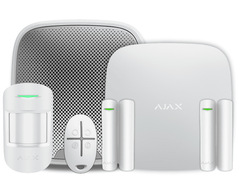 AJAX KIT RESIDENCIAL EXT - PANEL DE ALARMA HUB2(4G) CONEXIÓN ETHERNET/ 4G COLOR BLANCO/ APP “AJAX PRO” IOS Y ANDROID, 1 SENSOR DE MOVIMIENTO, 2 DETECTORES PARA PUERTA O VENTANA, 1 CONTROL REMOTO Y UNA SIRENA EXTERIOR INALÁMBRICA #RESIDENCIAL