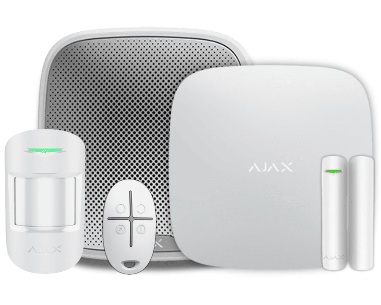 AJAX KIT BASIC EXT - PANEL DE ALARMA HUB 4G CONEXIÓN ETHERNET CON 1 RANURA  4G COLOR BLANCO / APP “AJAX PRO” IOS Y ANDROID , 1 SENSOR DE MOVIMIENTO, 1 DETECTOR PARA PUERTA O VENTANA, 1 CONTROL REMOTO Y UNA SIRENA EXTERIOR INALÁMBRICA