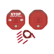 ANUNCIADOR AUDIBLE PARA SALIDA DE EMERGENCIA DE DOBLE HOJA CON SIRENA REMOTA, COLOR ROJO Y TEXTO EN INGLÉS-Sirenas-STI-Bsai Seguridad & Controles