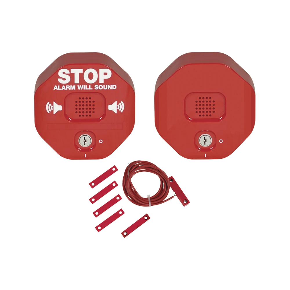 ANUNCIADOR AUDIBLE PARA SALIDA DE EMERGENCIA DE DOBLE HOJA CON SIRENA REMOTA, COLOR ROJO Y TEXTO EN INGLÉS-Sirenas-STI-Bsai Seguridad & Controles