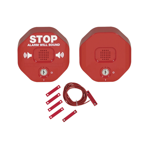 ANUNCIADOR AUDIBLE PARA SALIDA DE EMERGENCIA DE DOBLE HOJA CON SIRENA REMOTA, COLOR ROJO Y TEXTO EN INGLÉS-Sirenas-STI-STI-6404-Bsai Seguridad & Controles