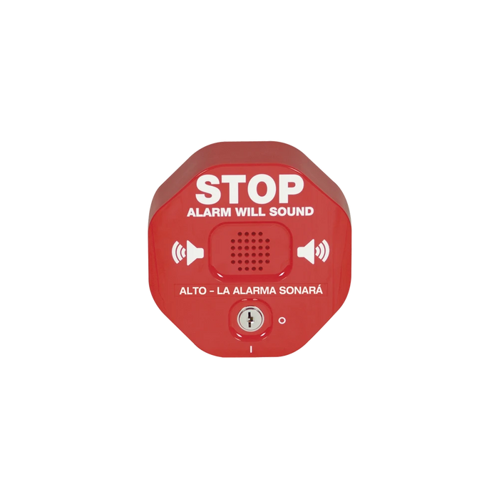 ANUNCIADOR AUDIBLE Y VISIBLE PARA SALIDA DE EMERGENCIA DE DOBLE HOJA, TEXTO EN INGLÉS Y ETIQUETAS EN MÚLTIPLES IDIOMAS-Sirenas-STI-Bsai Seguridad & Controles