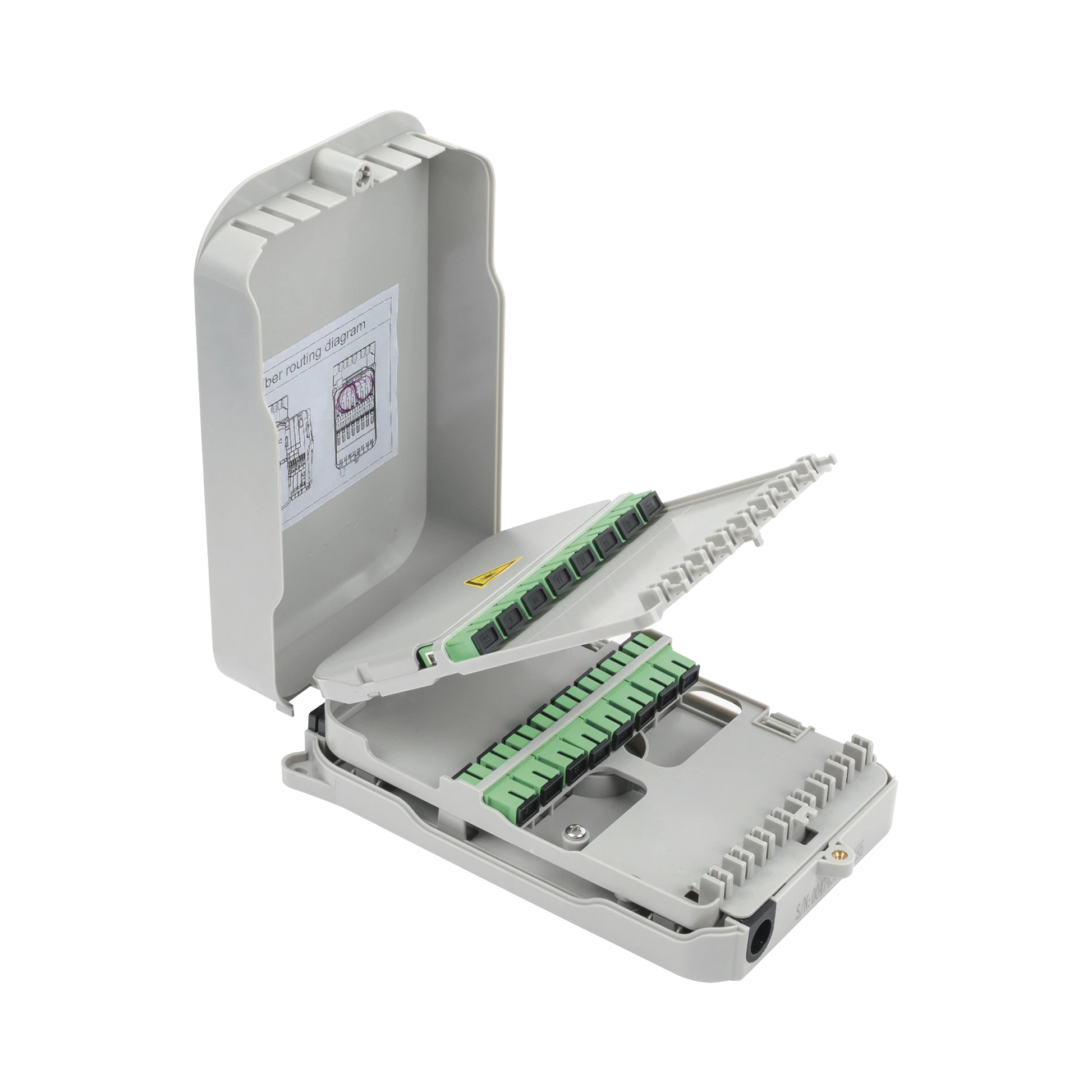 CAJA TERMINAL DE FIBRA ÓPTICA PARA INSTALACIÓN EN INTERIOR, MONTAJE EN PARED, 16 ACOPLADORES SC/APC MONOMODO, HASTA 16 EMPALMES-Distribuidores de Fibra Optica-FIBERHOME-Bsai Seguridad & Controles