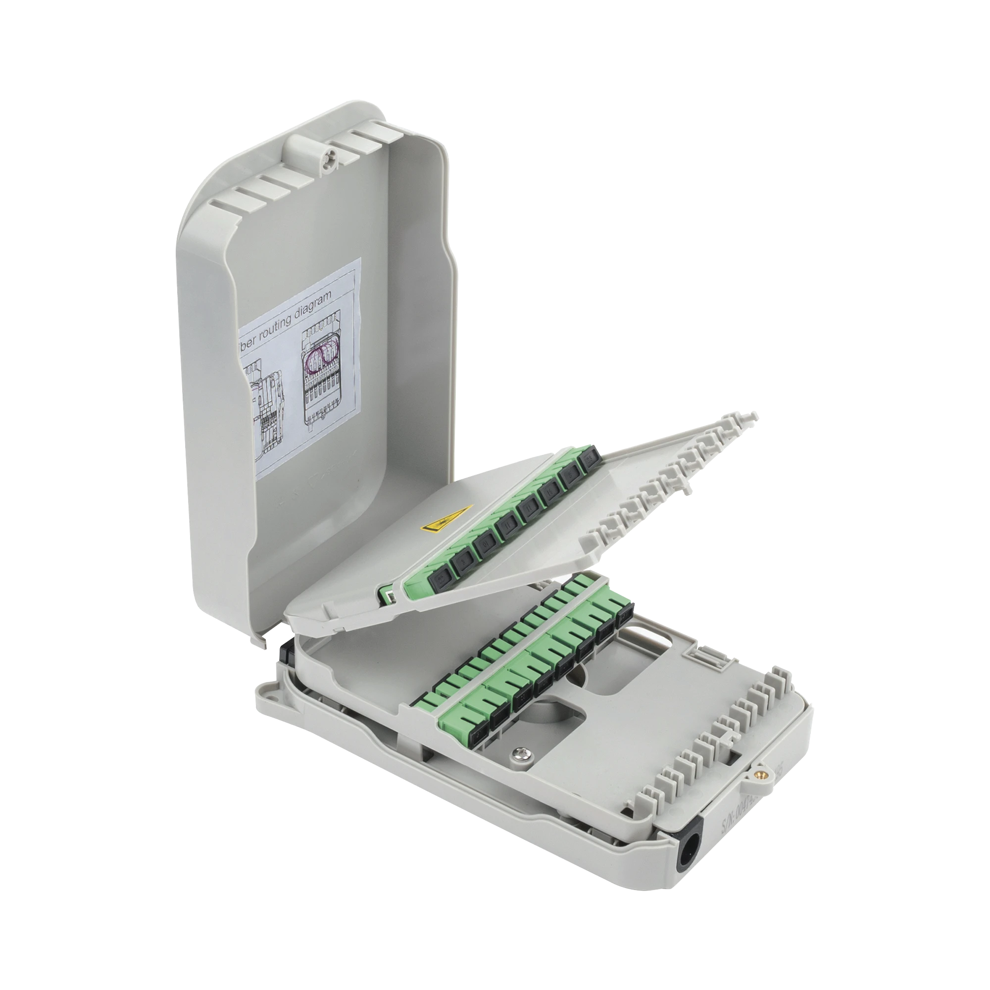 CAJA TERMINAL DE FIBRA ÓPTICA PARA INSTALACIÓN EN INTERIOR, MONTAJE EN PARED, 16 ACOPLADORES SC/APC MONOMODO, HASTA 16 EMPALMES-Distribuidores de Fibra Optica-FIBERHOME-Bsai Seguridad & Controles