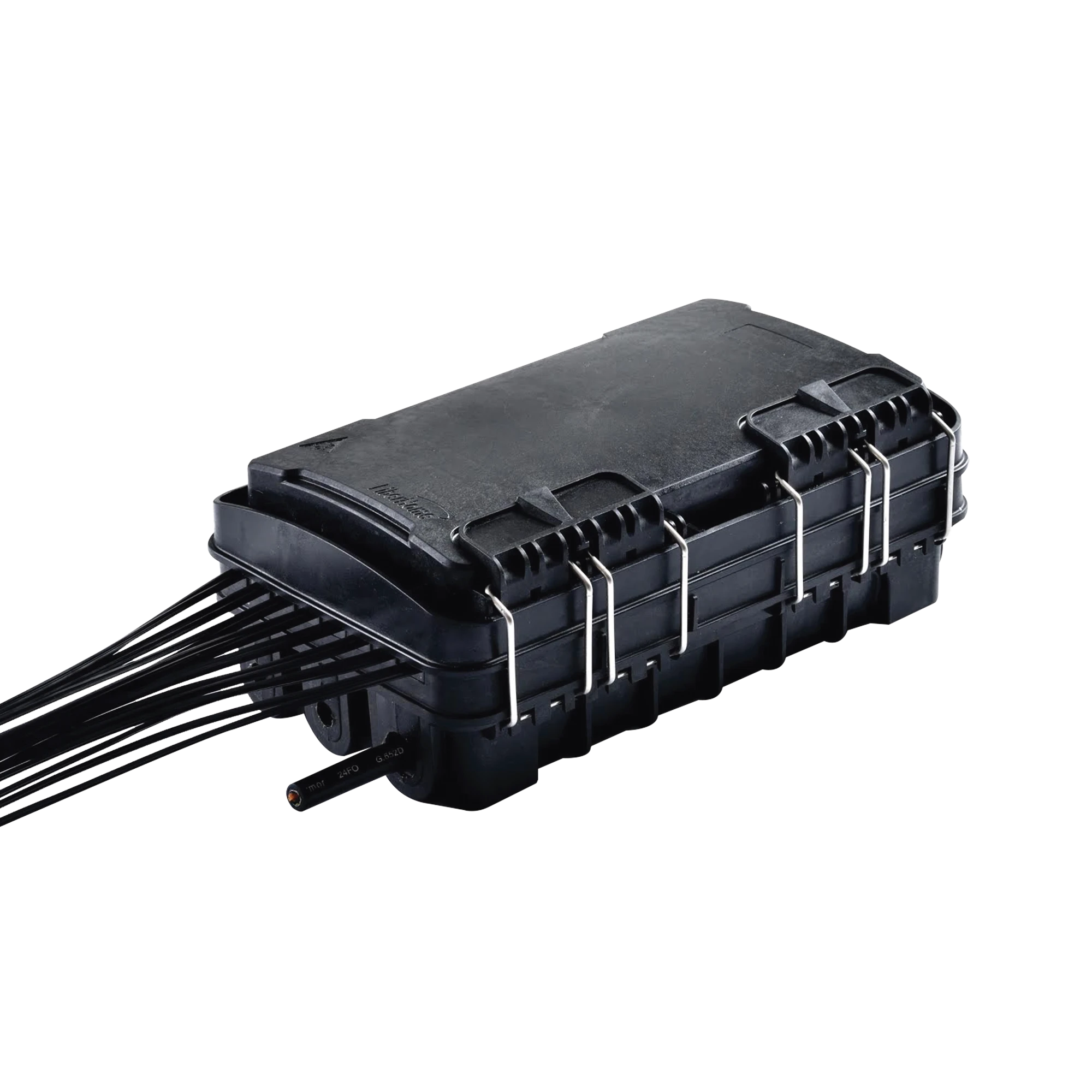 CAJA DE DISTRIBUCIÓN DE FIBRA ÓPTICA PARA 24 EMPALMES, CON 16 ACOPLADORES SC/APC SIMPLEX, EXTERIOR IP65, COLOR NEGRO-Redes FTTH/PON-FIBERHOME-Bsai Seguridad & Controles