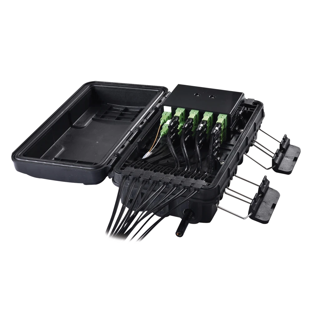 CAJA DE DISTRIBUCIÓN DE FIBRA ÓPTICA PARA 24 EMPALMES, CON 16 ACOPLADORES SC/APC SIMPLEX, EXTERIOR IP65, COLOR NEGRO-Redes FTTH/PON-FIBERHOME-Bsai Seguridad & Controles
