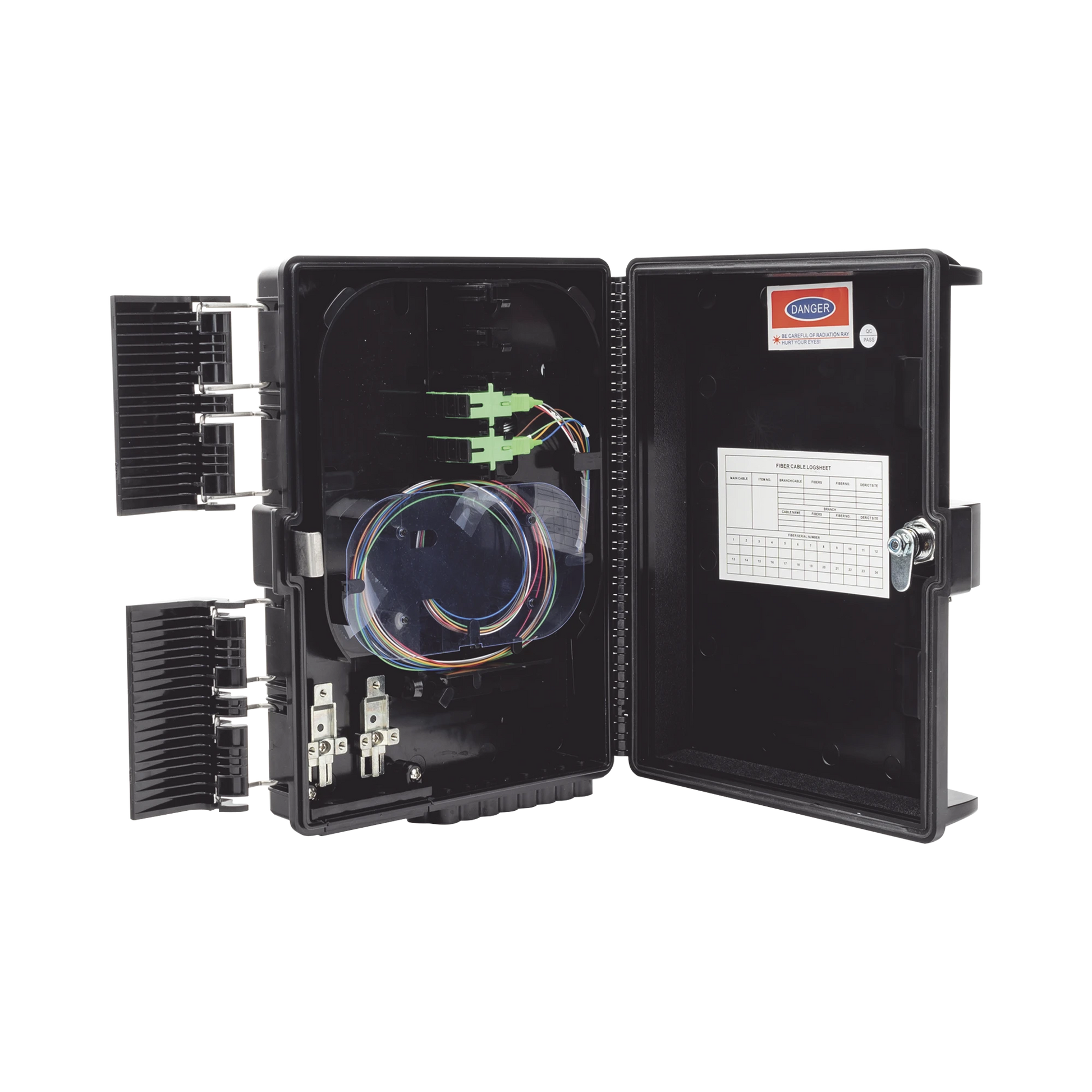 CIERRE DE EMPALME PARA 24 FUSIONES DE FIBRA ÓPTICA, INTERIOR/EXTERIOR, CON 8 ACOPLADORES SC/APC Y SPLITTER 1X8, IP65-Redes FTTH/PON-FIBERHOME-Bsai Seguridad & Controles