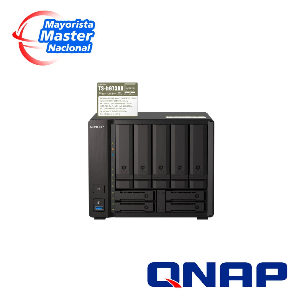 NAS QTS HERO QNAP TS-H973AX-8G-US PROCESADOR AMD RYZEN / MEMORIA RAM 8GB / 5 BAHIAS FRONTALES SATA 3.5 PULGADAS + 4 BAHIAS FRONTALES SATA 2.5 PULGADAS / 2 PUERTOS RJ45 2.5GBE + 1 PUERTOS 10GIGA BASE-T / MONTAJE EN ESCRITORIO / APLICACIONES PYMES PARA C...-Almacenamiento-QNAP-Bsai Seguridad & Controles