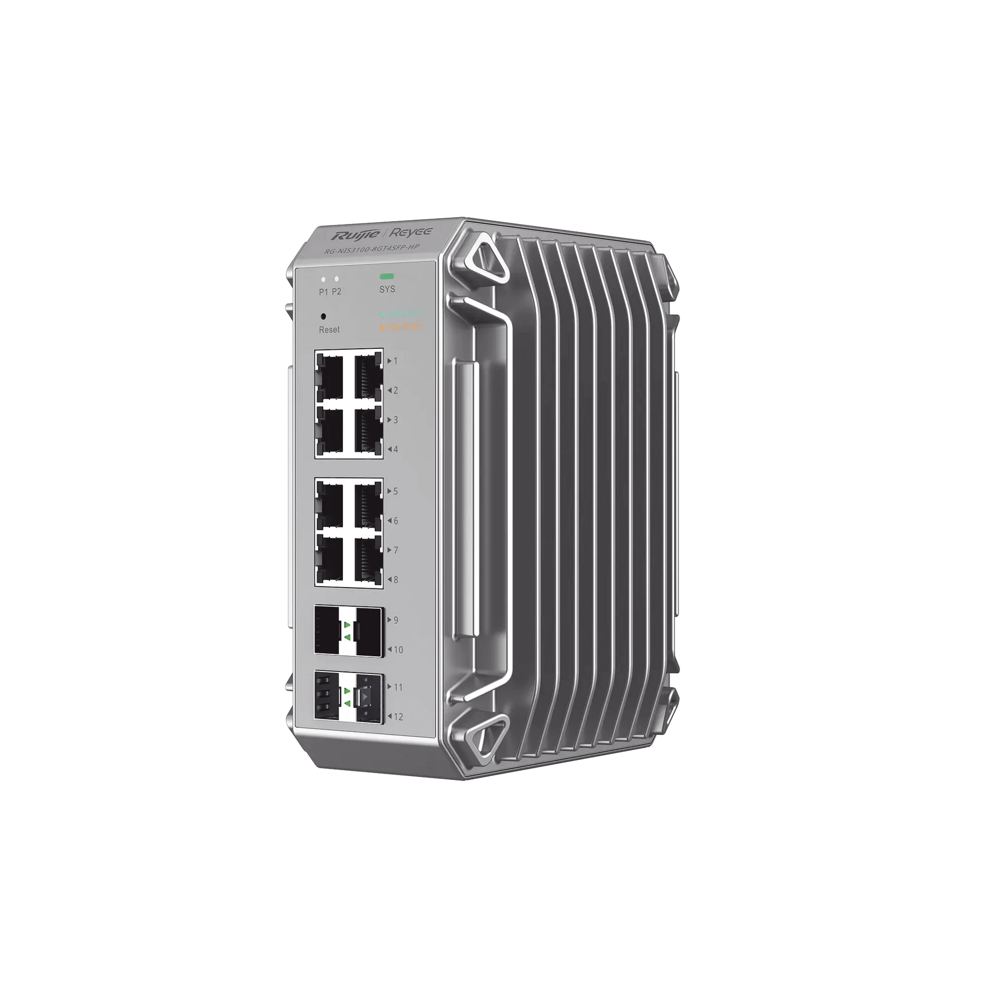 RG-NIS3100-8GT4SFP-HP SWITCH INDUSTRIAL 8 PUERTOS GIGABIT POE 802.3AF/AT 4 PUERTOS SFP ADMINISTRABLE CLOUD-Networking-RUIJIE-Bsai Seguridad & Controles