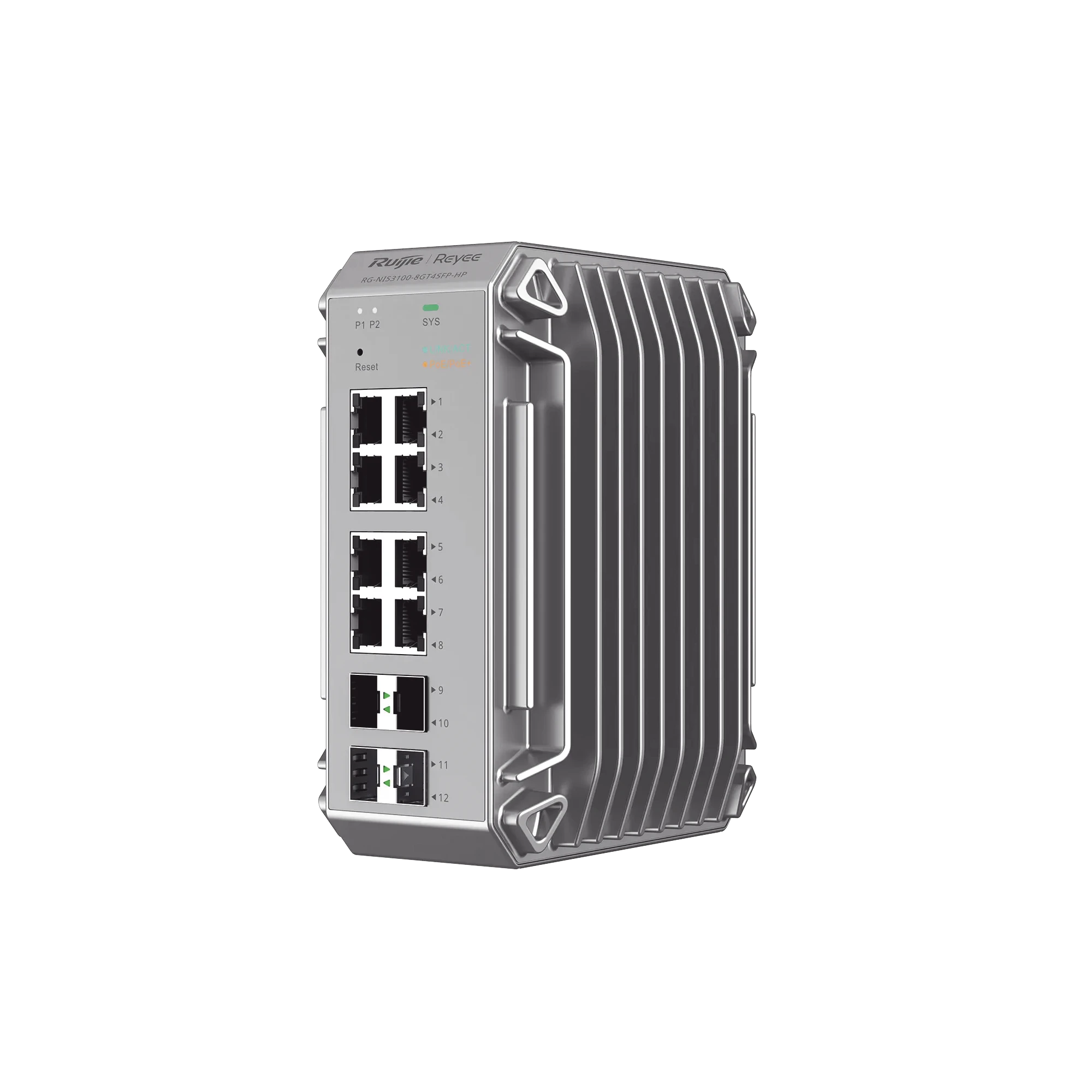 RG-NIS3100-8GT4SFP-HP SWITCH INDUSTRIAL 8 PUERTOS GIGABIT POE 802.3AF/AT 4 PUERTOS SFP ADMINISTRABLE CLOUD-Networking-RUIJIE-Bsai Seguridad & Controles