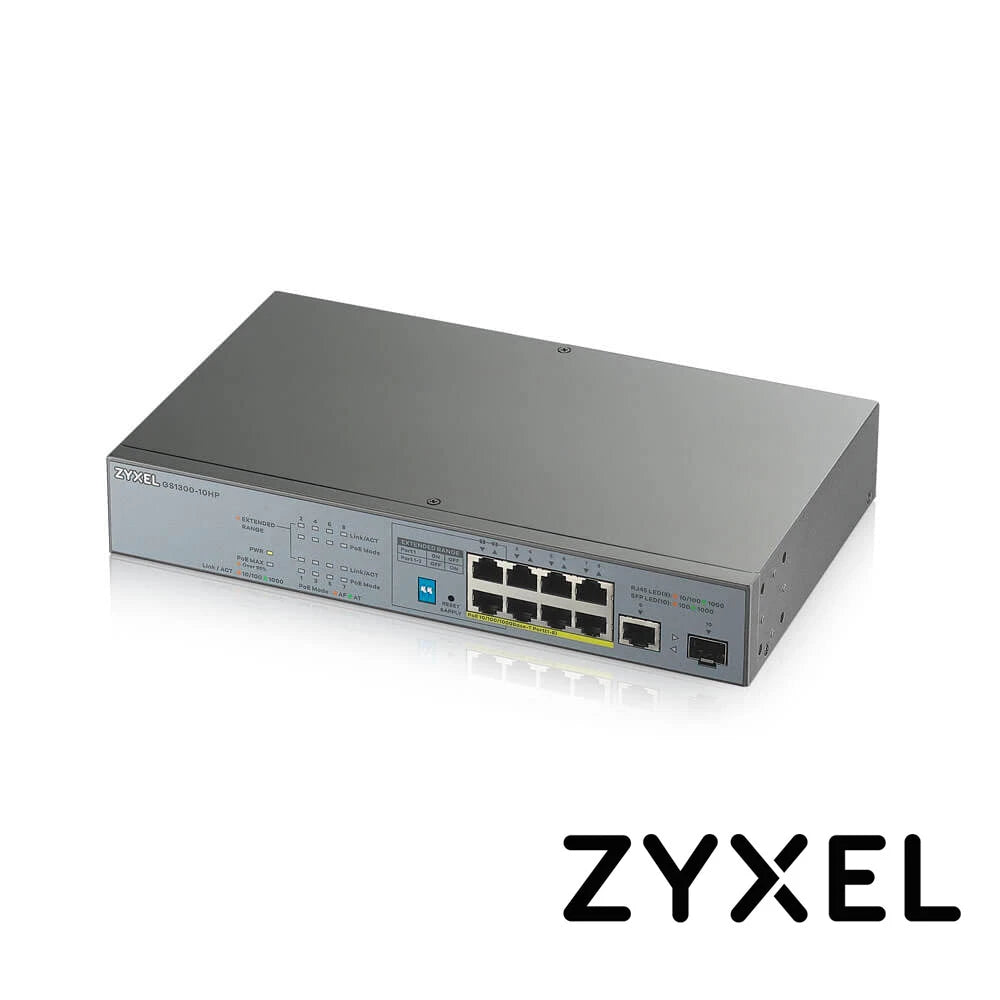 SWITCH ZYXEL GS1300-10HP 9 PUERTOS RJ45 100/1000 MBPS CON POE AF/AT + 1 PUERTO SFP 1000 MBPS NO-ADMINISTRABLE ENERGIA TOTAL 130W CON 2 PUERTOS POE EXTENDED-Switches PoE-ZYXEL-Bsai Seguridad & Controles