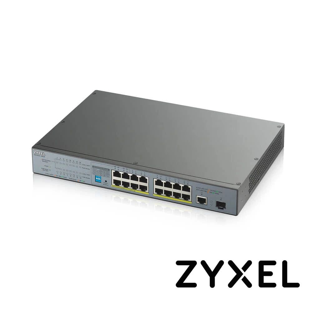 SWITCH ZYXEL GS1300-18HP 17 PUERTOS RJ45 100/1000 MBPS CON POE AF/AT + 1 PUERTO SFP 1000 MBPS NO-ADMINISTRABLE ENERGIA TOTAL 170W CON 4 PUERTOS POE EXTENDED-Switches PoE-ZYXEL-Bsai Seguridad & Controles